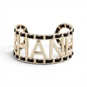 Chanel Gold-tone Leather 'CHANEL' Cuff Bracelet